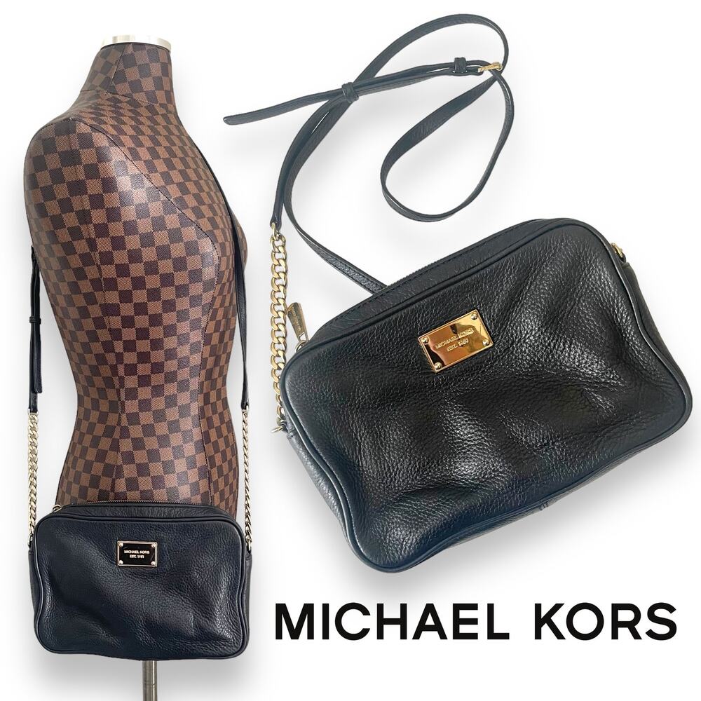Michael Kors Black Leather Crossbody Bag Gold Chain Handbag Purse Classic Preppy
